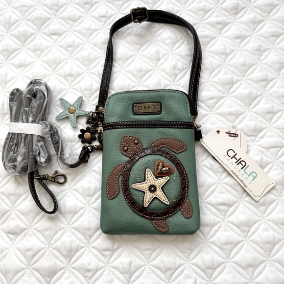 Chala Handbags - NWT - Chala Teal Brown Convertible Cellphone Crossbody- Sea Turtle Ocean